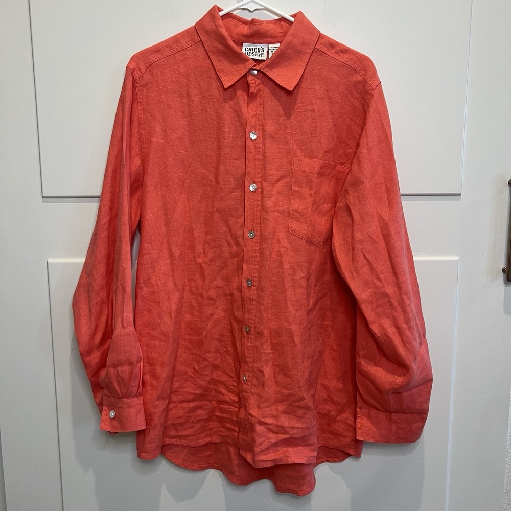 Chico's Design Size 2 Large 100% Linen Coral Orange Button Up‎ Shirt Long Sleeve